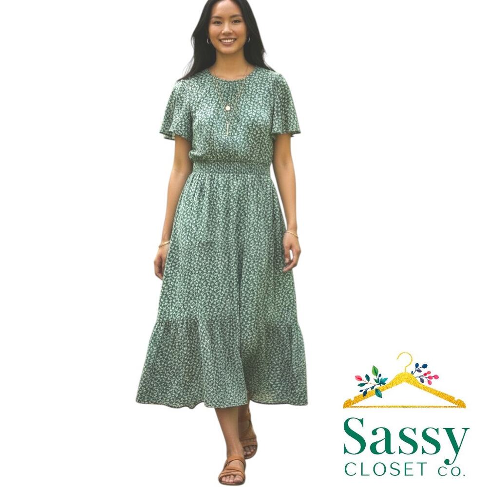 Fashion Brand Green White Floral Tiered Midi Dress Smocked Waist M EUC